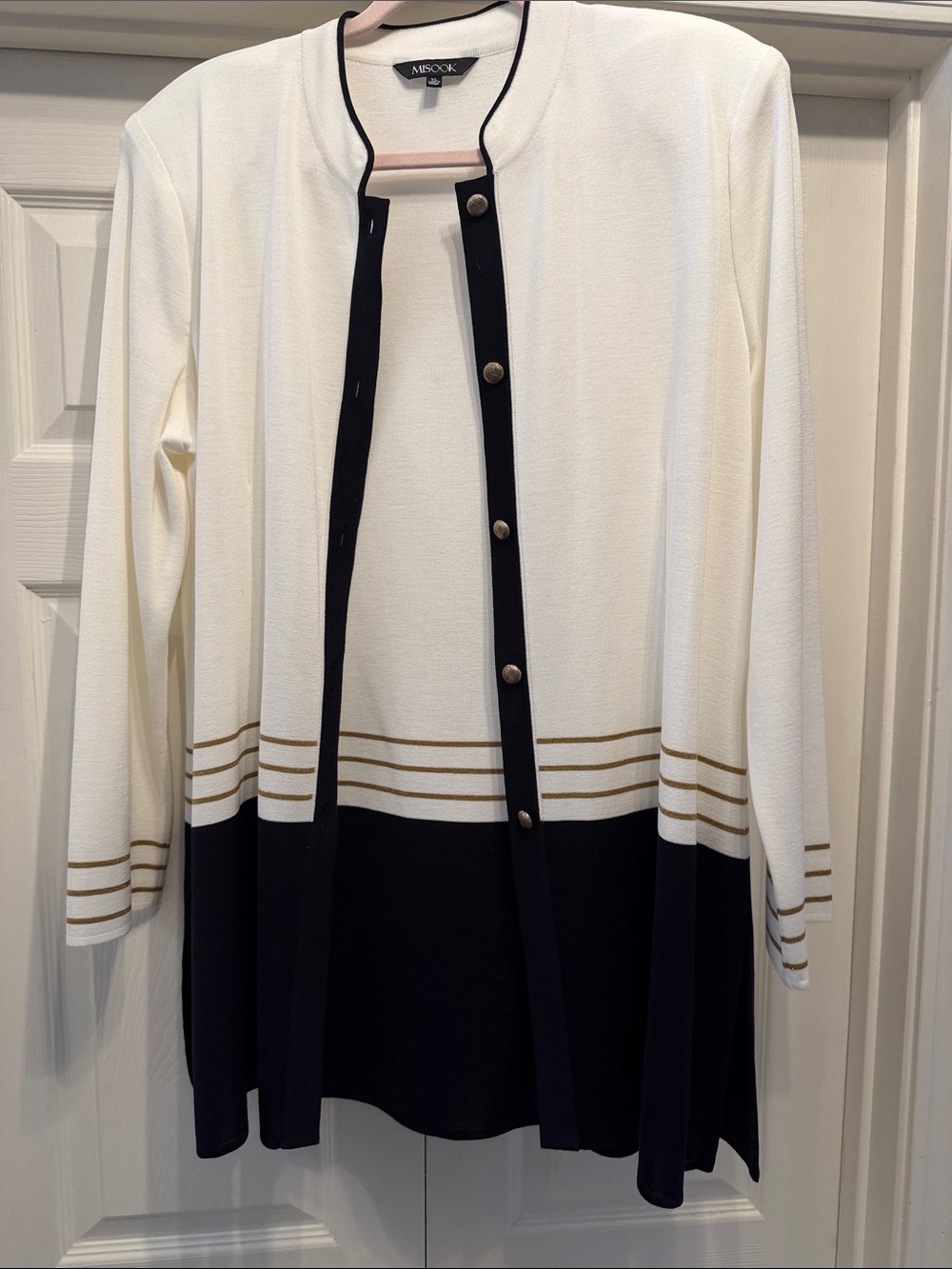 Misook White and Navy Long Cardigan/Jacket with Gold Stripe Detail